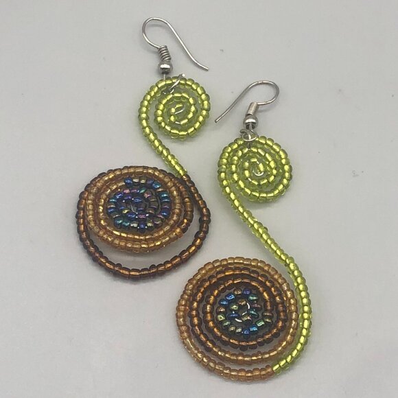 3/$30 Handmade Beaded Spiral Earrings Colorful Statement Dangle Tribal Style - Picture 2 of 8